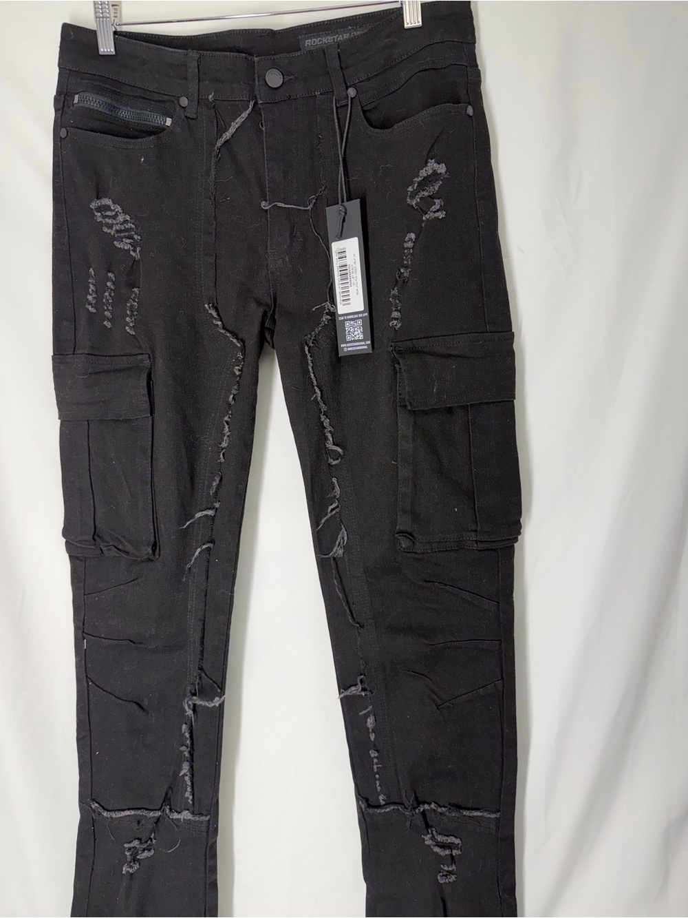 NWT Rockstar Original Aftermath Jet Black Stacked Flare Cargo Jeans Size 34